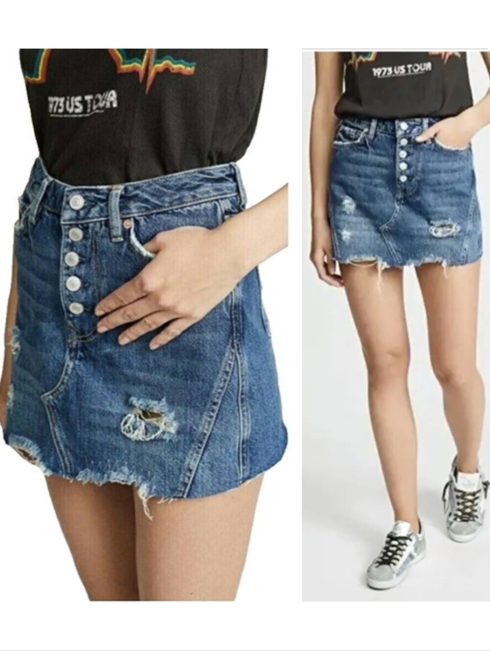 Free People We The Free "Harvey" Distressed Button Up Denim Mini Skirt Womens 29